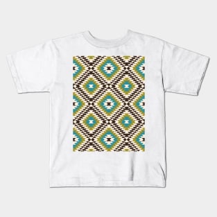 Aztec Diamond Symbol Teal Brown Gold Cream Pattern Kids T-Shirt